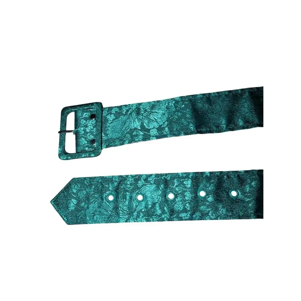 Vintage teal green satin embossed jacquard wide belt women’s 28-32 inches